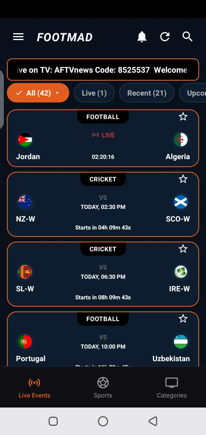 Footmad APK home screen with football coverage